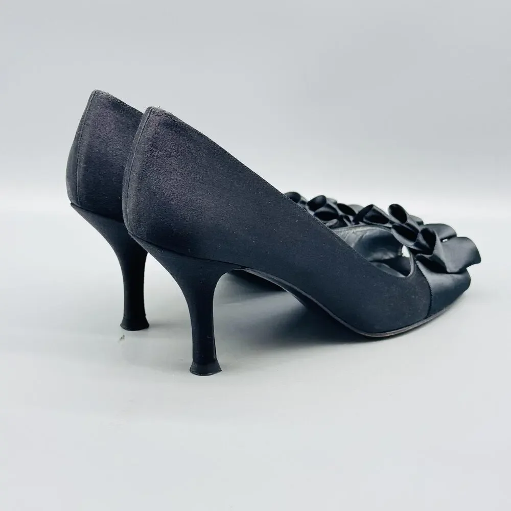 Stuart Weitzman Shoes Women 8.5 Black Satin Gigiritz Peep Toe Ruffle Pump Dress